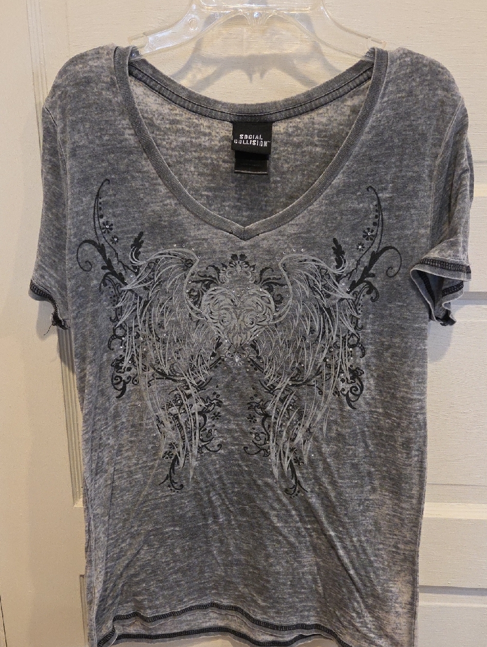 Womans Gray V-Neck Tee With Wing Graphic